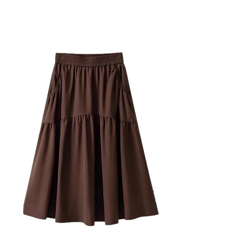 Jupe midi trapèze taille haute tendance pour femme, jupe mi-longue d'été amincissante haut de gamme avec détail poche en fibre de polyester