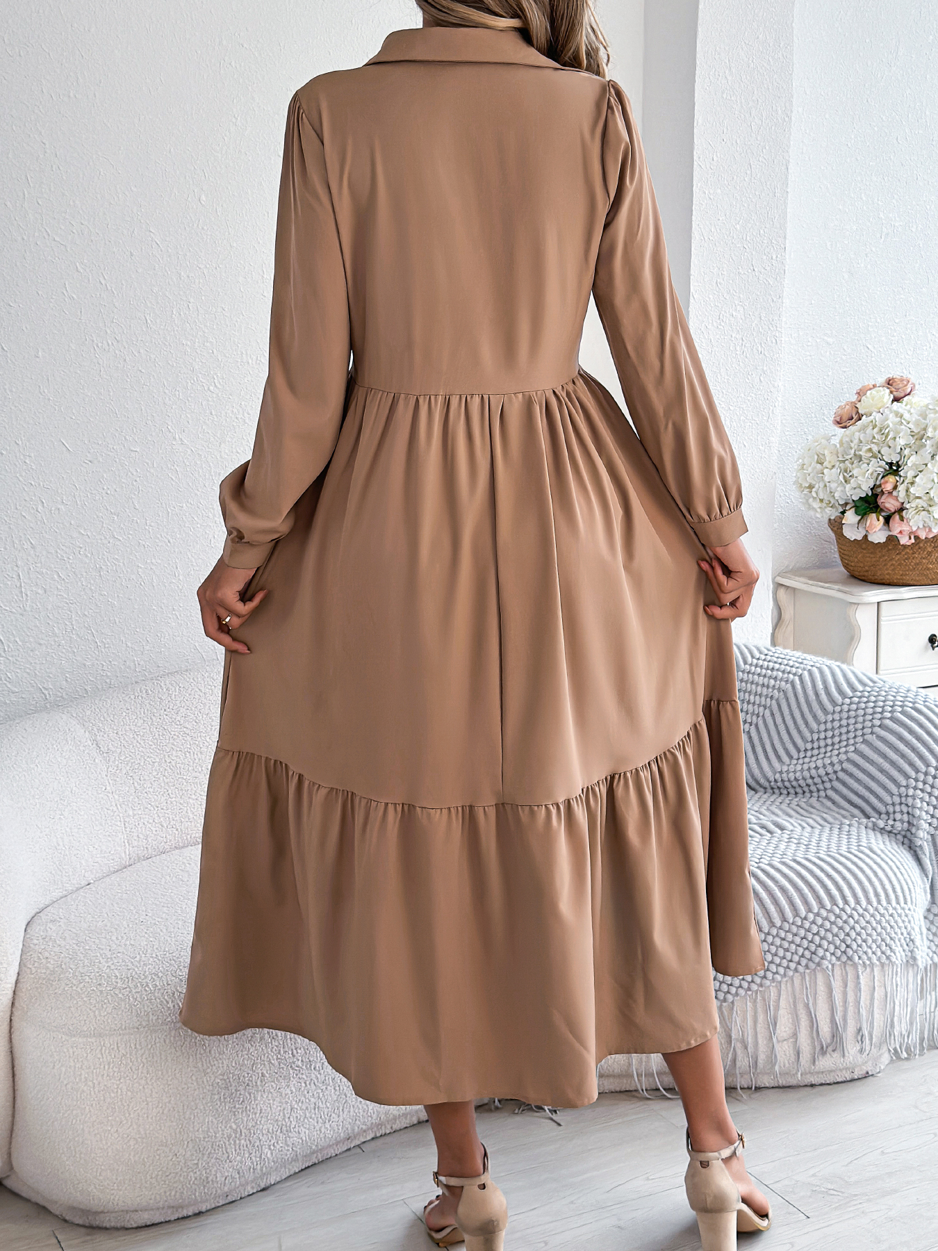 Robe décontractée pour femme à col rabattu et manches longues, idéale pour les vacances, printemps-automne, coloris kaki, vert, bleu, rouge