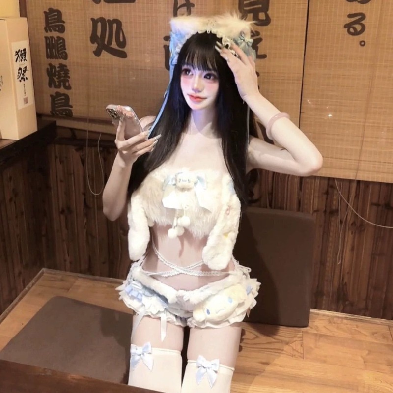 MINISO cannelle Sexy doux Costume moelleux blanc oreille haut bleu pantalon court ensemble complet pour les femmes vêtements de nuit d'hiver tenues