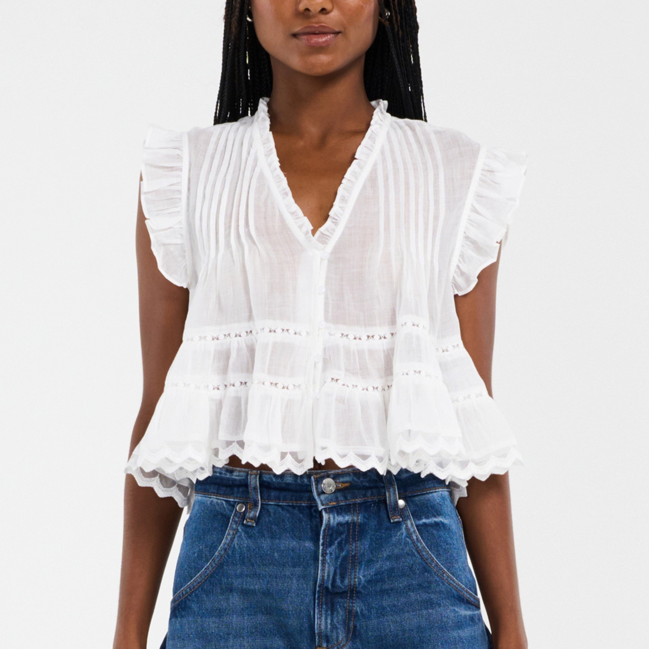 Chemisier Femme à Col V et Manches Volantées avec Dentelle, Boutons sur le Devant, Top Court Transparent Brodé à Motifs, Chemise Décontractée d'Été Style Streetwear