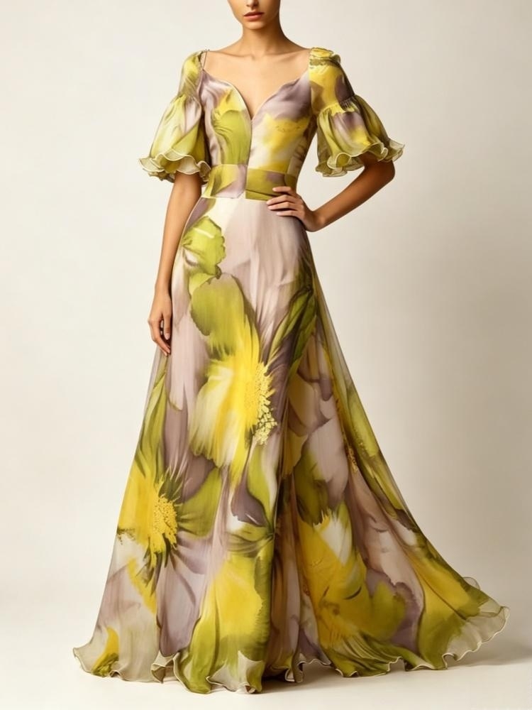 Robe longue en mousseline de soie à fleurs pour femmes, col en V profond, manches courtes à volants, robe élégante pour invitées de mariage, soirée, fête, robe de soirée formelle