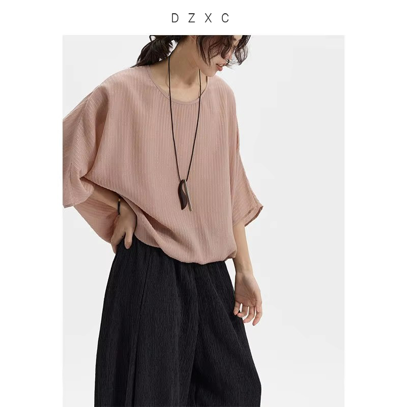 T-shirt à manches chauve-souris en soie de mûrier 10 mm, haut ample pour femme, artisanat jacquard par Guanle