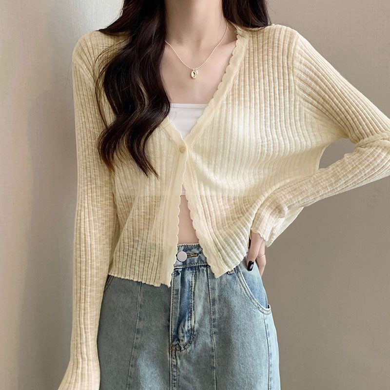 Cardigan en tricot fin et décontracté pour femmes, vêtements d'été doux, taille haute, couverture châle, chemise, col en v, boutons, hauts de protection solaire
