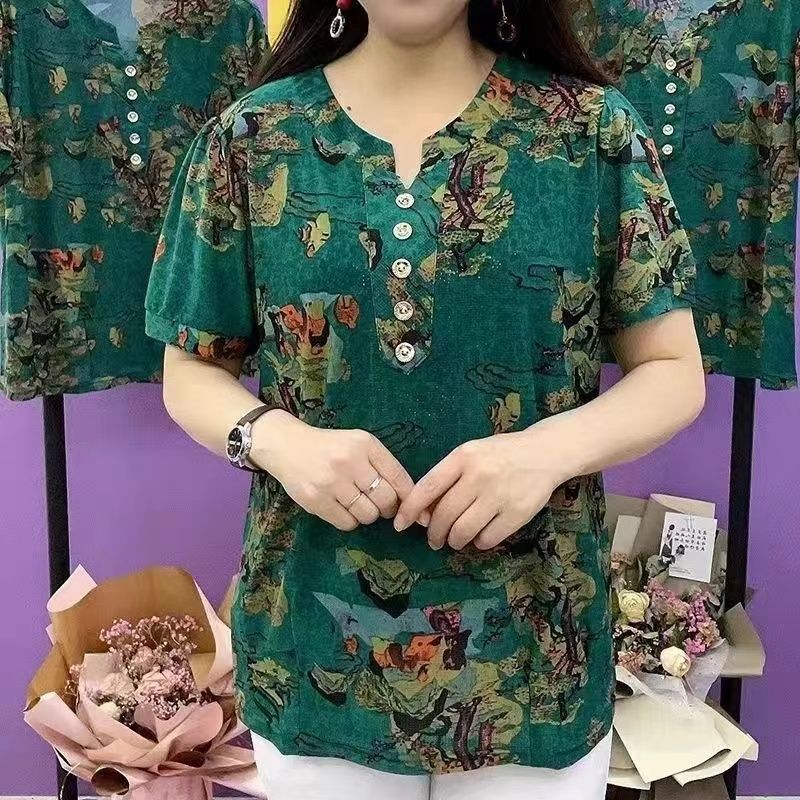 Vêtements pour femmes d'âge moyen et âgées, été 2025, t-shirts amples à imprimé floral vintage, décontractés, col rond, manches courtes, pulls