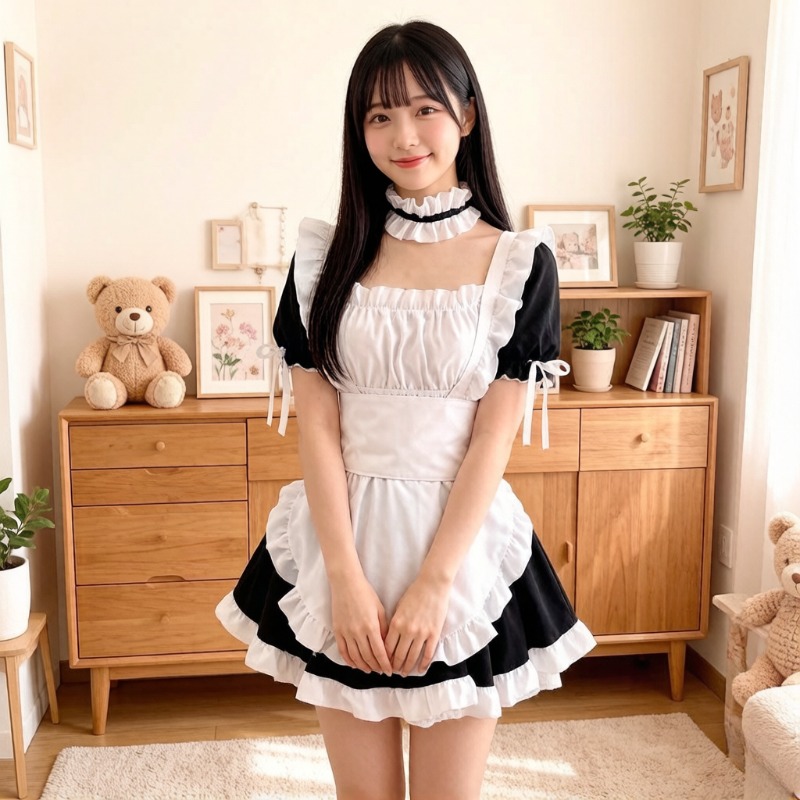 Costume de cosplay de demoiselle d'honneur japonaise mignon, style Lolita, uniforme noir et blanc, ensemble complet, dentelle gothique, pour fête, Halloween, scène