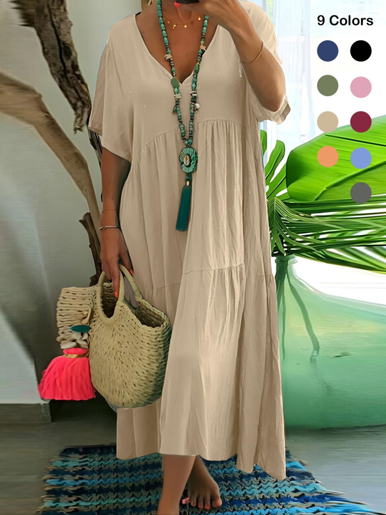 Robe longue décontractée pour femmes grandes tailles, coupe ample, col en V, couleur unie ; Robe plissée pour femmes grandes tailles printemps/été