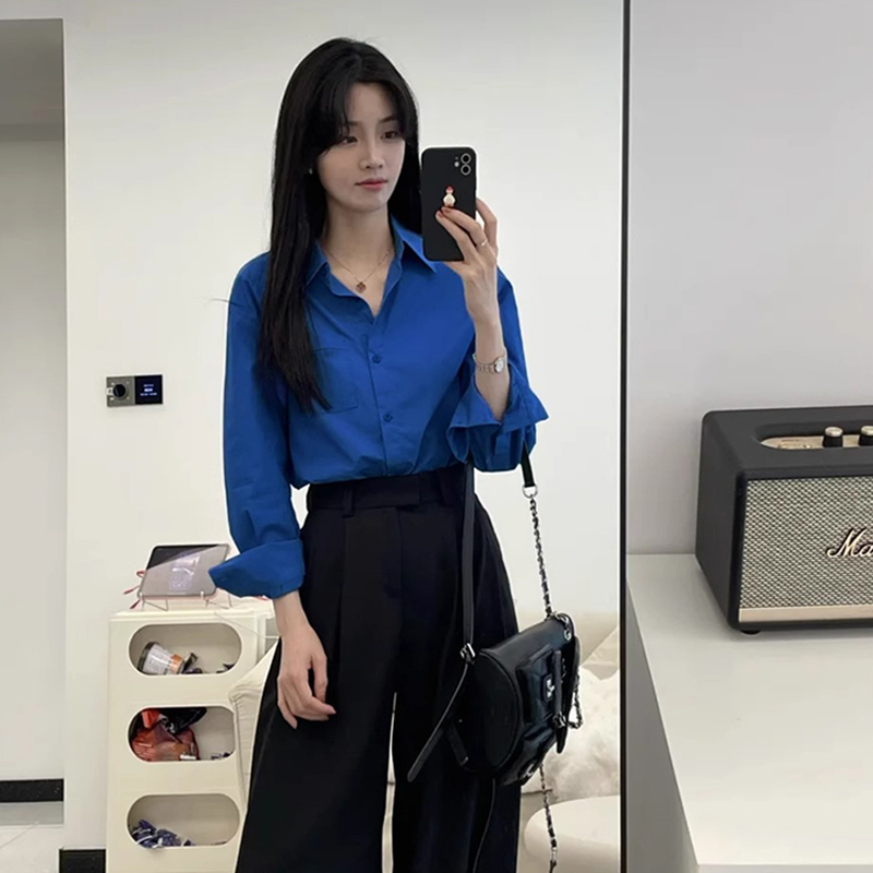 Chemise bleue amincissante à manches longues pour femmes, chemisier décontracté de Style de rue, couleur unie, polyvalent, basique, col rabattu, printemps automne
