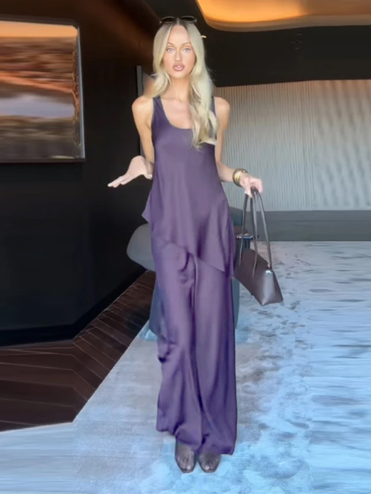 Ensemble élégant de gilet et pantalon en satin pour femme, col rond, sans manches, ourlet irrégulier, haut et pantalon large, collection été 2026, tenue de vacances pour femme