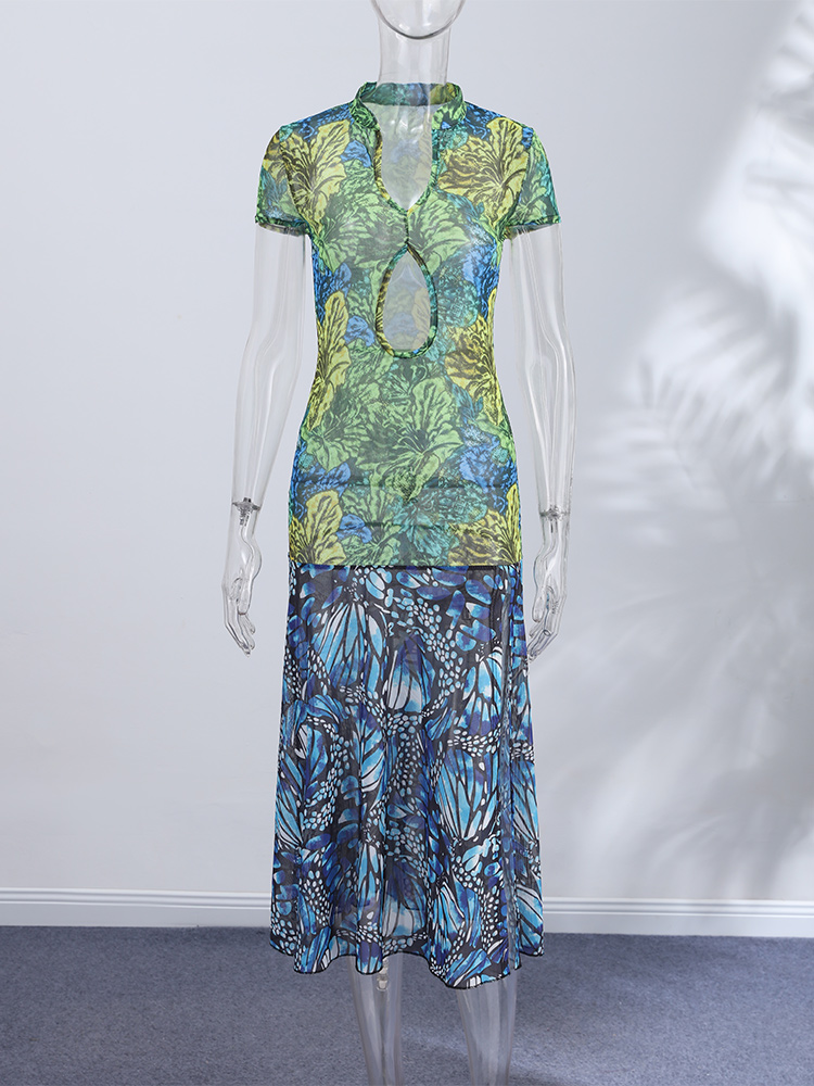 Robe midi imprimé papillon jungle, col mandarin, taille découpée, fente haute, pour femme, tenue de soirée festival été 2026, Vestido
