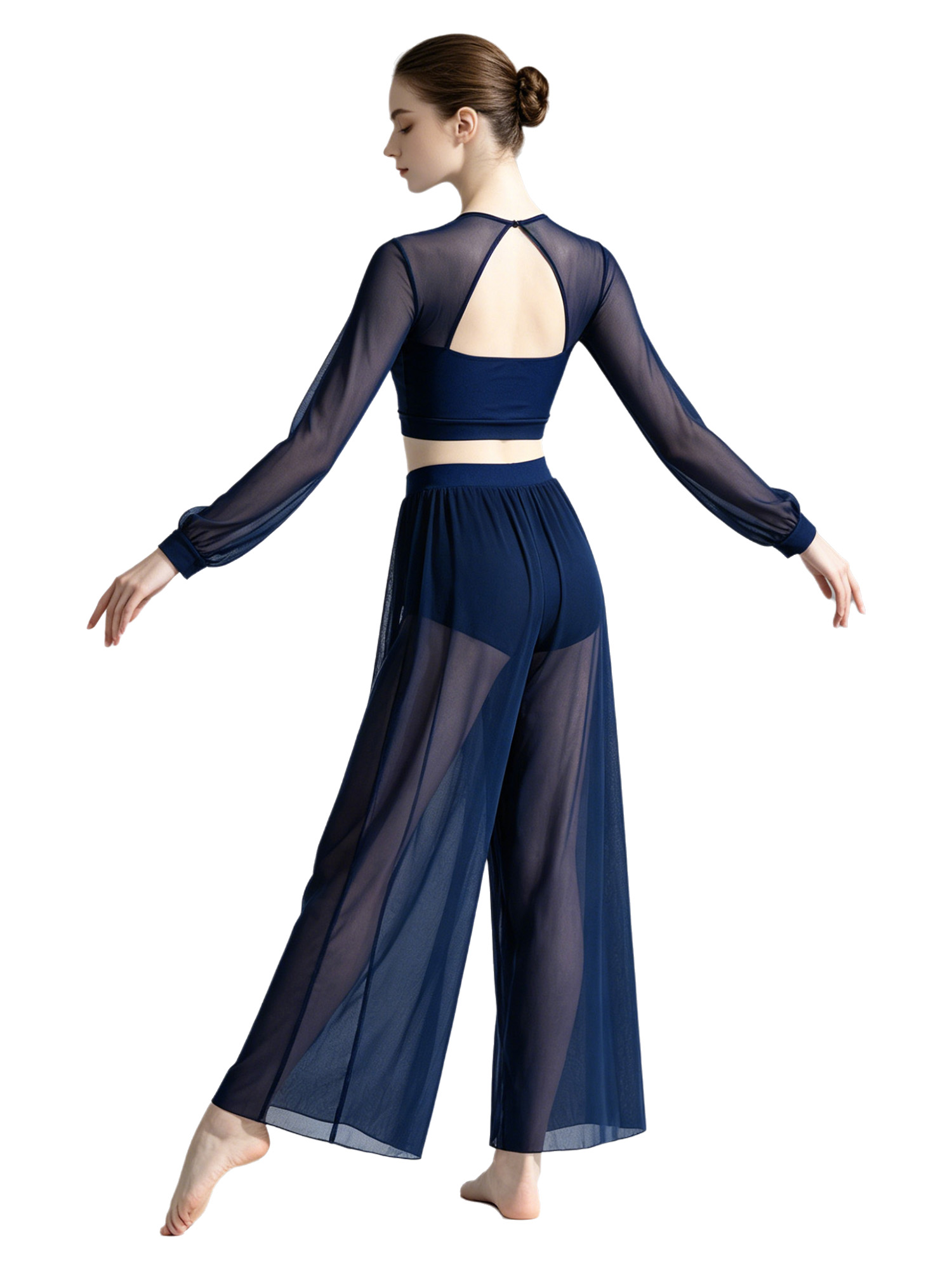 Tenue de danse lyrique moderne pour femme avec appliques à sequins, haut court dos nu à manches lanternes et pantalon fluide en maille transparente
