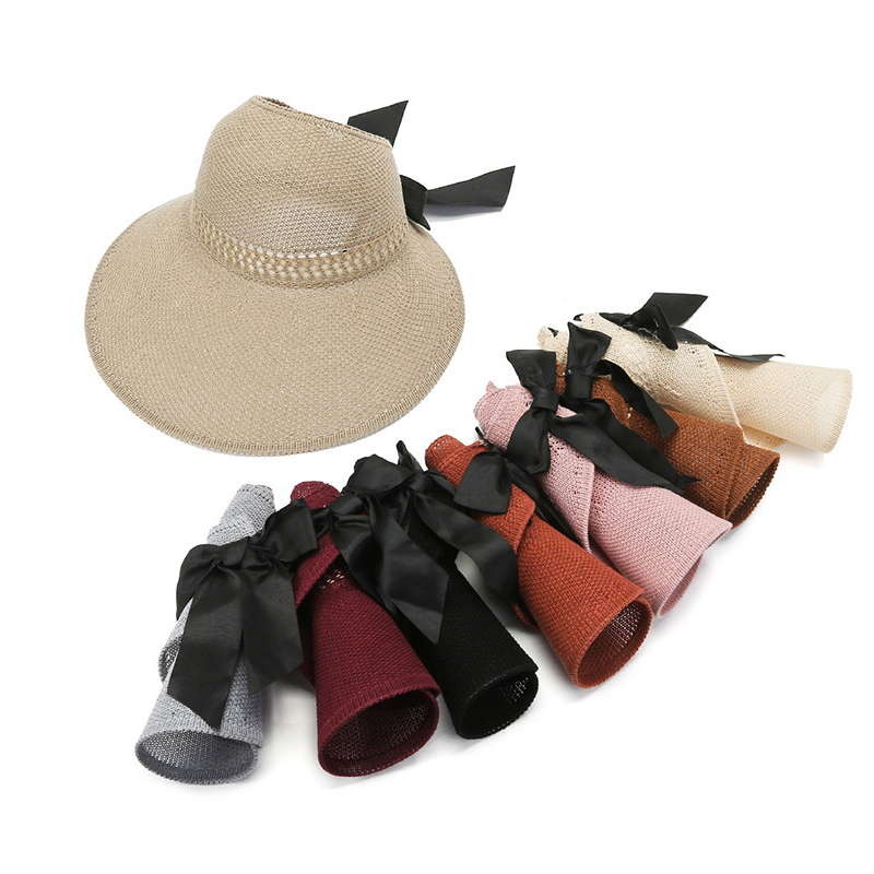 Chapeaux pare-soleil pour femmes à large bord en paille, pliables, avec ouverture pour queue de cheval, protection UV UPF, pour l'été, la plage et le voyage, style bohème avec nœud