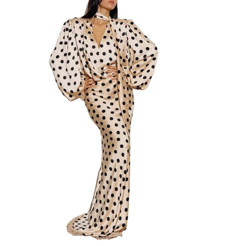 Robe longue élégante à col en V et manches longues pour femme, style vintage à pois, taille haute, moulante, en polyester, collection printemps