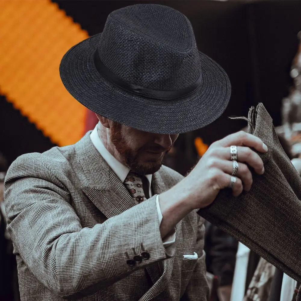 Chapeau de paille Panama pour homme, style cowboy, à large bord, pour la plage et l'été
