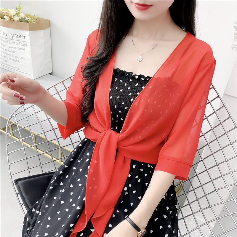 Cardigan en mousseline de soie transparente pour femme, châle d'été, couleur unie, pour protection du cou, écharpe en soie, R13