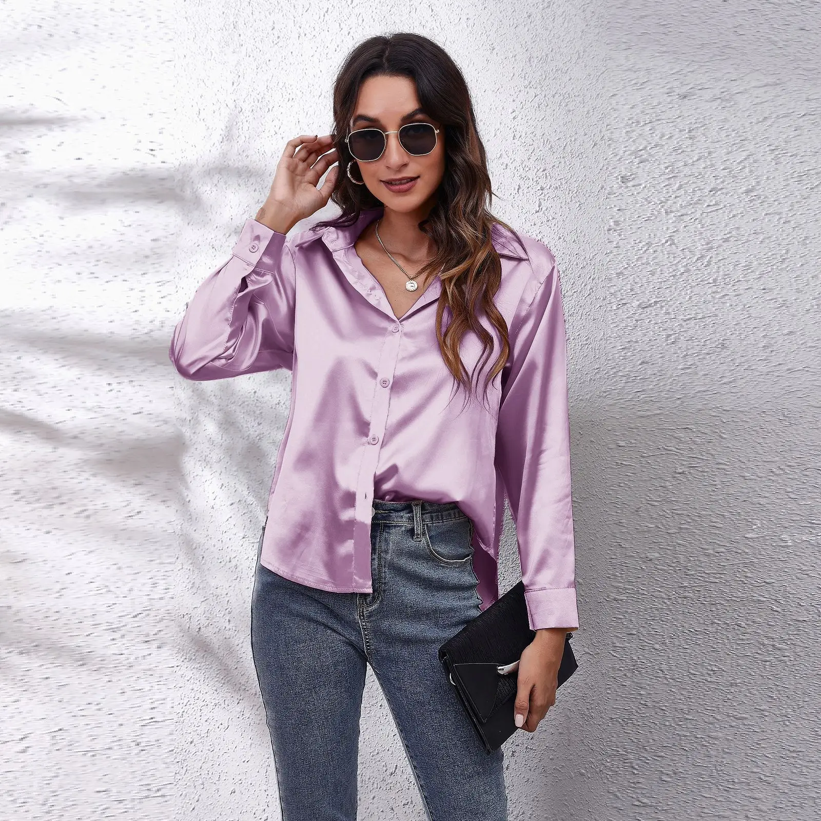 Chemise en Satin solide pour femmes, manches longues, Imitation soie, ample, boutonnée, hauts pour dames, vêtements à la mode, automne