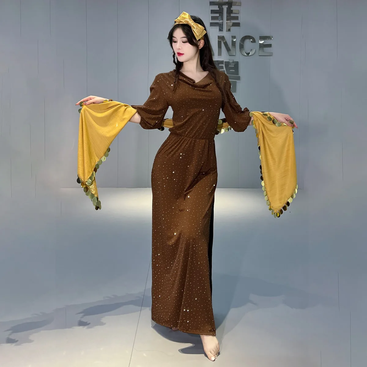 Shabbi Baladi Performance Robes pour femmes, ensemble de olympiques de danse du ventre, robe en coton à demi-manches, coiffure et ceinture, 3 pièces