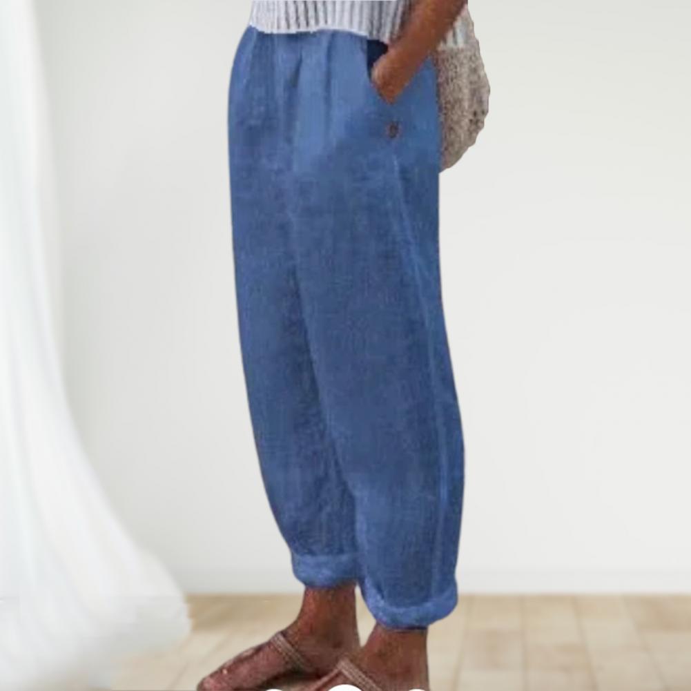 Coton lin femmes sarouel couleur unie poches été taille élastique Baggy pantalon couleur Pure pantalons de survêtement élégant pantalons décontractés