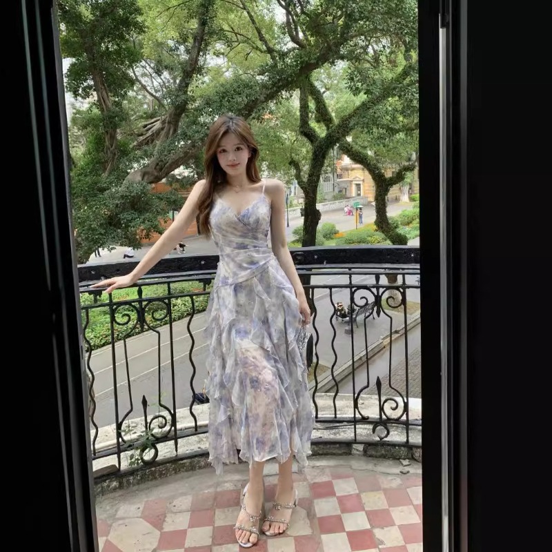 Robe longue imprimée Vintage pour femmes, sans manches, Slim, volants, en mousseline de soie, décontractée, coréenne, Y2k, bohème, Maxi, robe Плаalıе