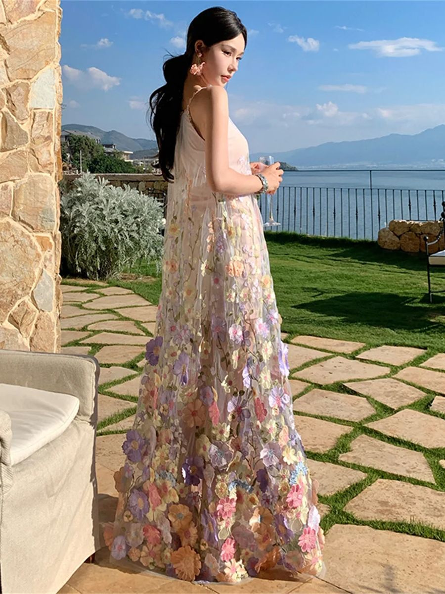 Robe de bal de luxe élégante en dentelle à fleurs 3D pour femmes, nouvelle collection d'été Sexy, épaules dénudées, ligne a, robes en maille, robes de soirée