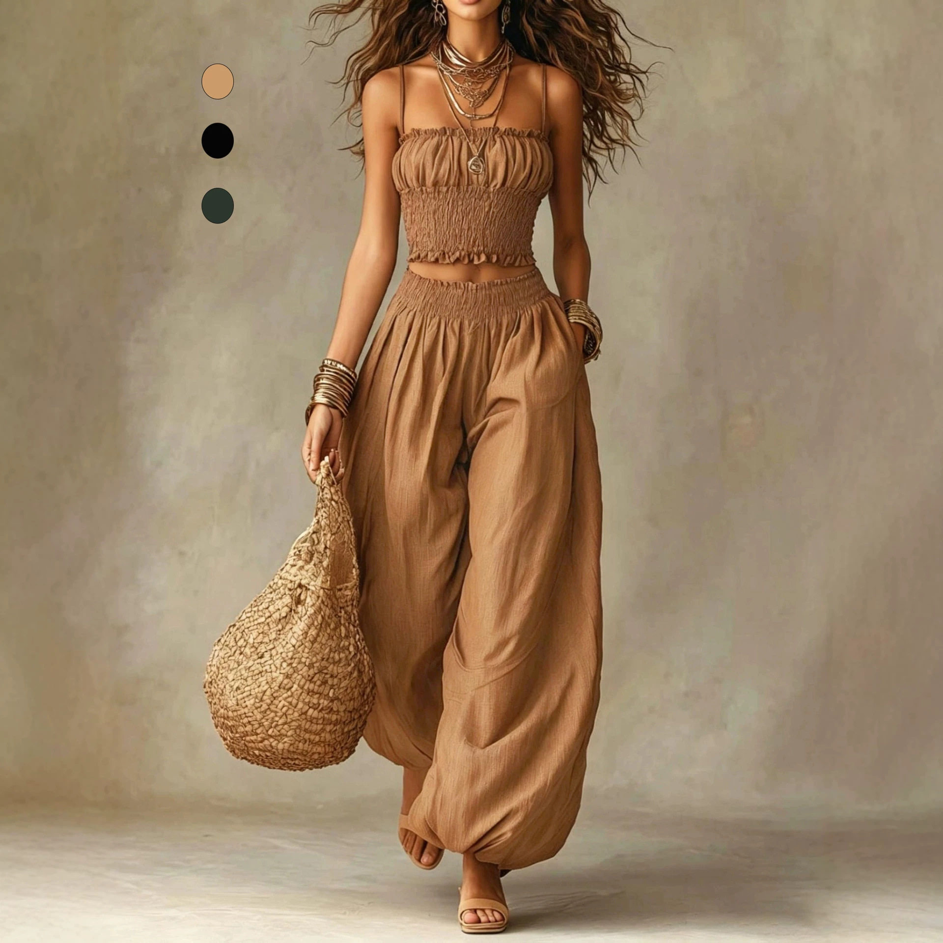 Ensemble 2 pièces tendance pour femme : Haut décontracté à fines bretelles et pantalon lanterne assorti – Tenue estivale