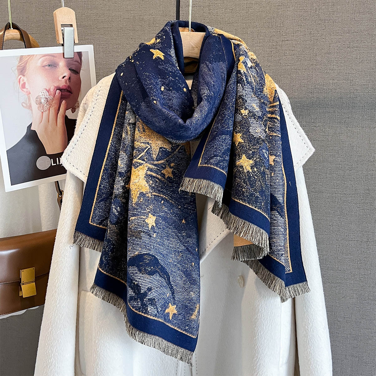 Écharpe chaude automne/hiver 185x65cm, châle à pampilles imprimé étoiles, Imitation cachemire épais, couverture coupe-vent résistante au froid pour femmes