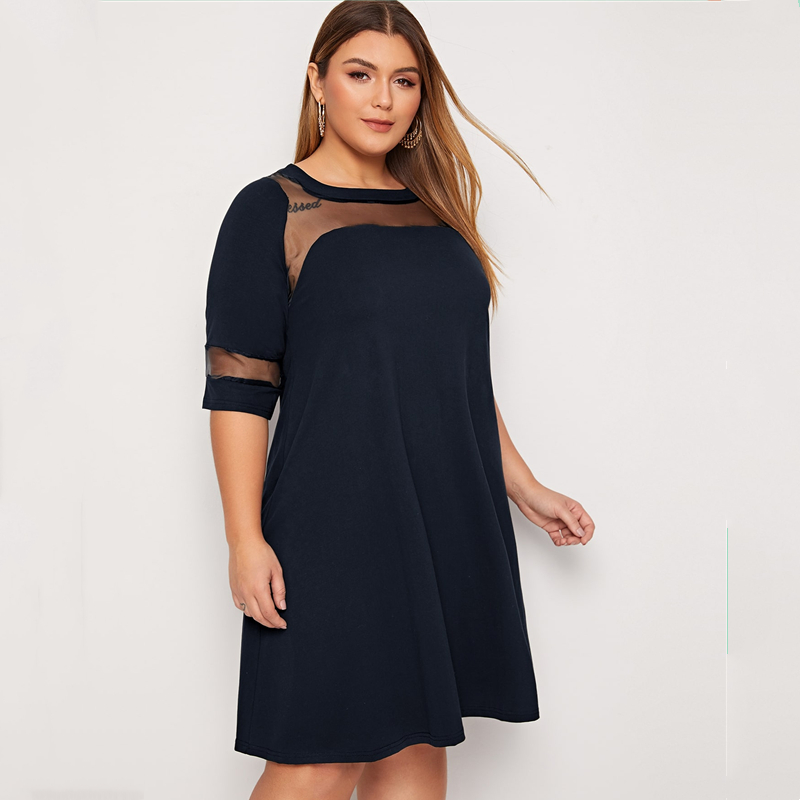 Robe trapèze élégante à demi-manches, grande taille, panneau en maille, couvertes et évasée, décontractée, travail, 5XL, 6XL, 7XL, printemps, automne