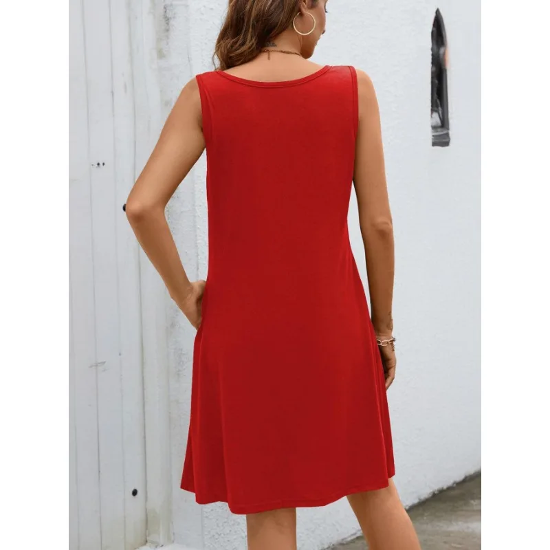 Robe trapèze à trois boutons pour femmes, couleur unie, col en v, sans manches, décontractée et confortable, à la mode