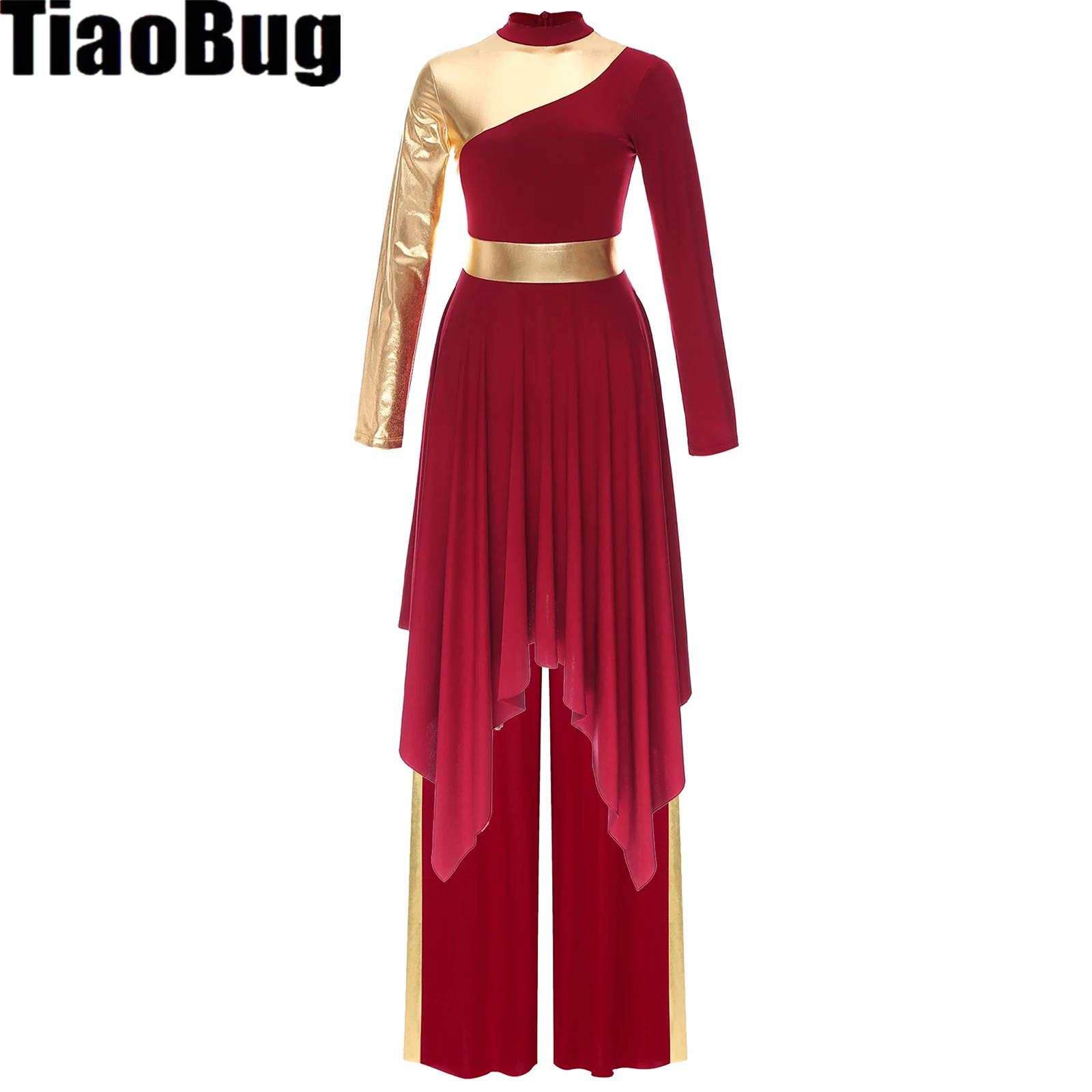 Tenue de danse liturgique pour femmes, manches longues, ourlet asymétrique, robe de couleur contrastée avec Patchwork métallique, pantalon à jambes larges