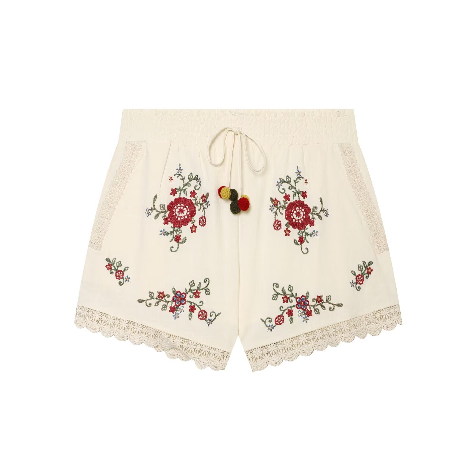 Ensembles 2 Pièces Bohème Broderie Florale Femme : Crop Top à Nouer et Short à Bordure Dentelle, Tenues d'Été Plage Vacances avec Pompons 2026