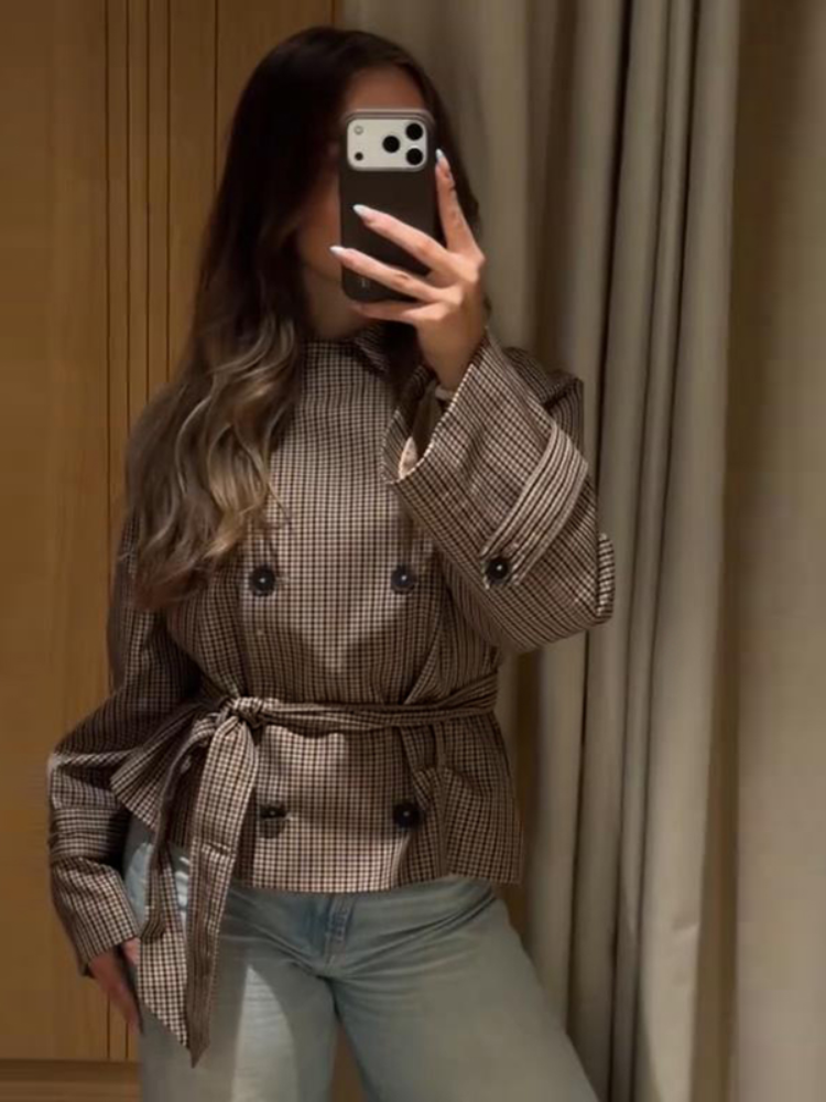 Manteau Trench Court à Carreaux, Col à Revers, Double Boutonnage, Ceinturé, Manches Longues, Manteaux Polyvalents pour Femmes, Tenue de Trajet Automne 2026