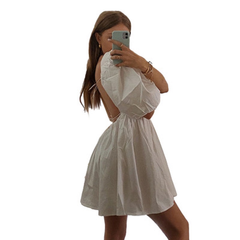 Robe d'été pour femmes, blanche, élégante, manches bouffantes, dos nu, fête, plage, Mini, décontractée, vacances