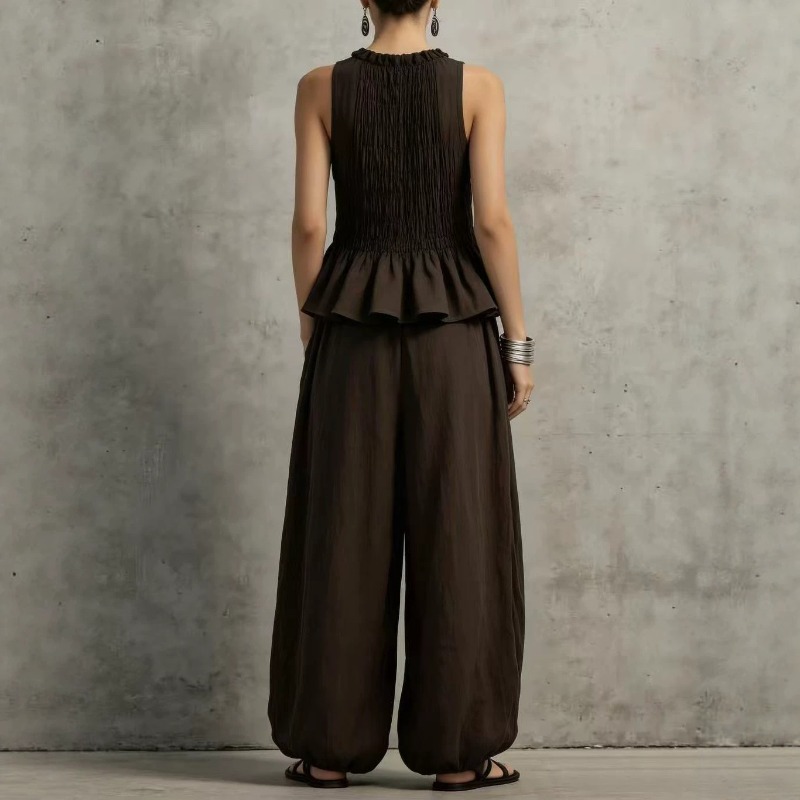 Ensemble décontracté d'été pour femme : Haut plissé smocké sans manches style rétro et pantalon large à volants, 2 pièces vintage