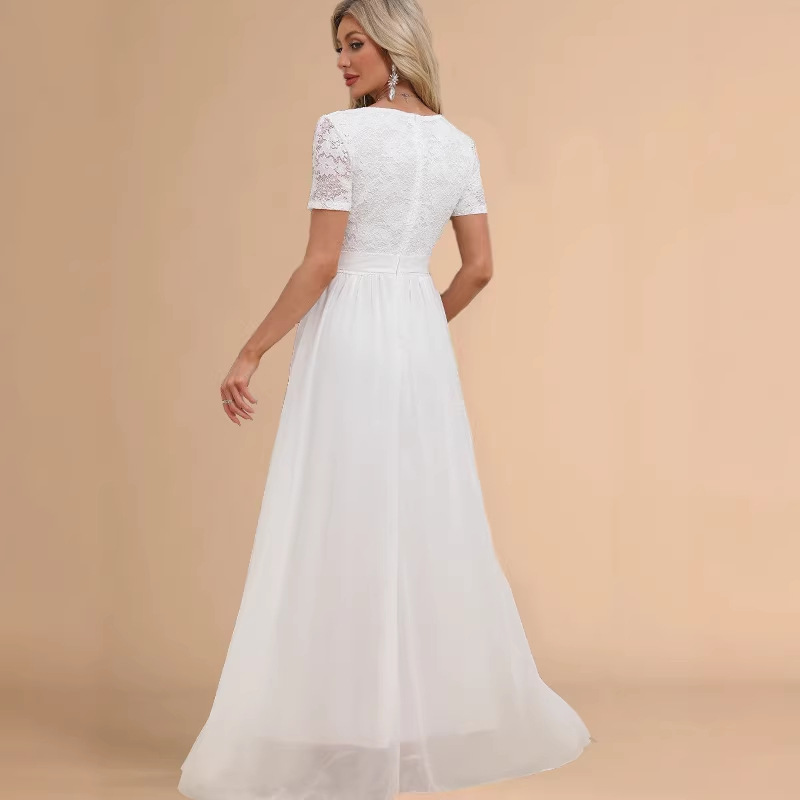 Robe longue en dentelle et mousseline de soie à col en V, robe de soirée, robes maxi fluides pour le printemps et l'été