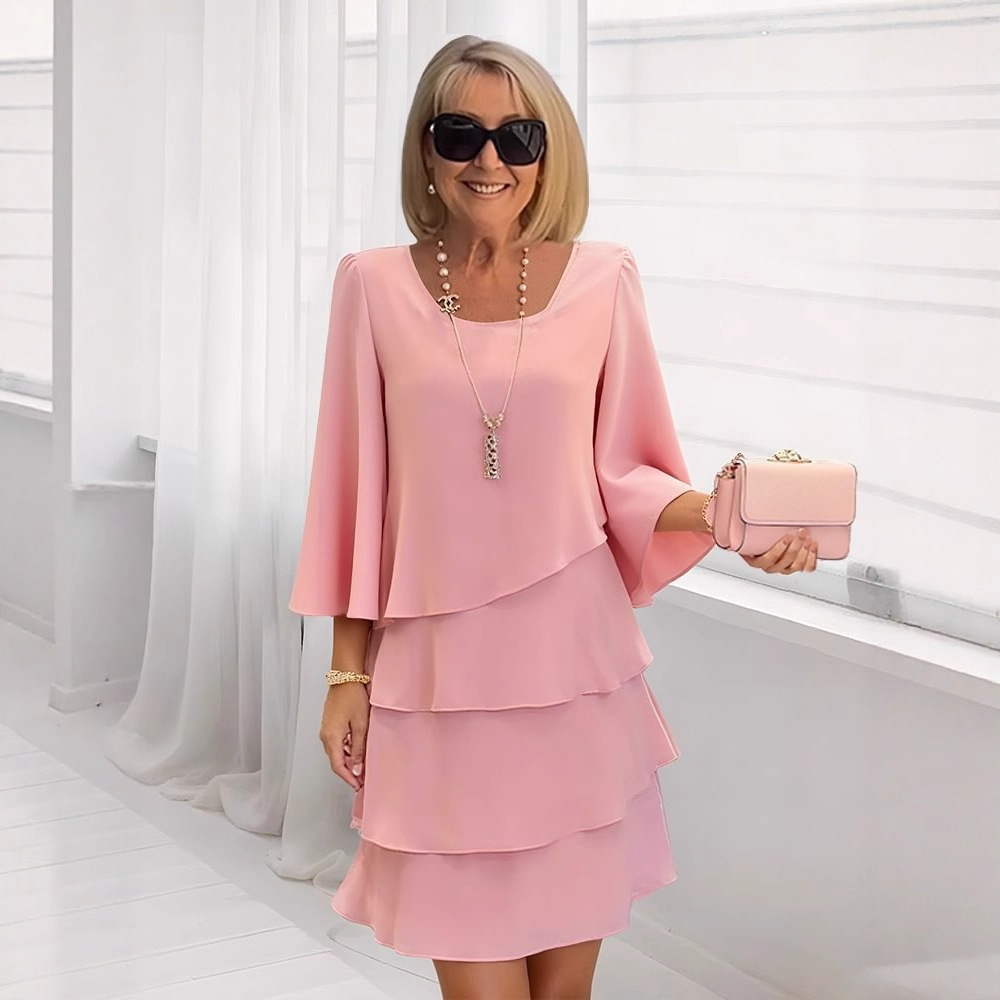 Robe mi-longue à volants pour femmes, décontractée, mode d'été, couleur unie, col rond, élégante, 2025
