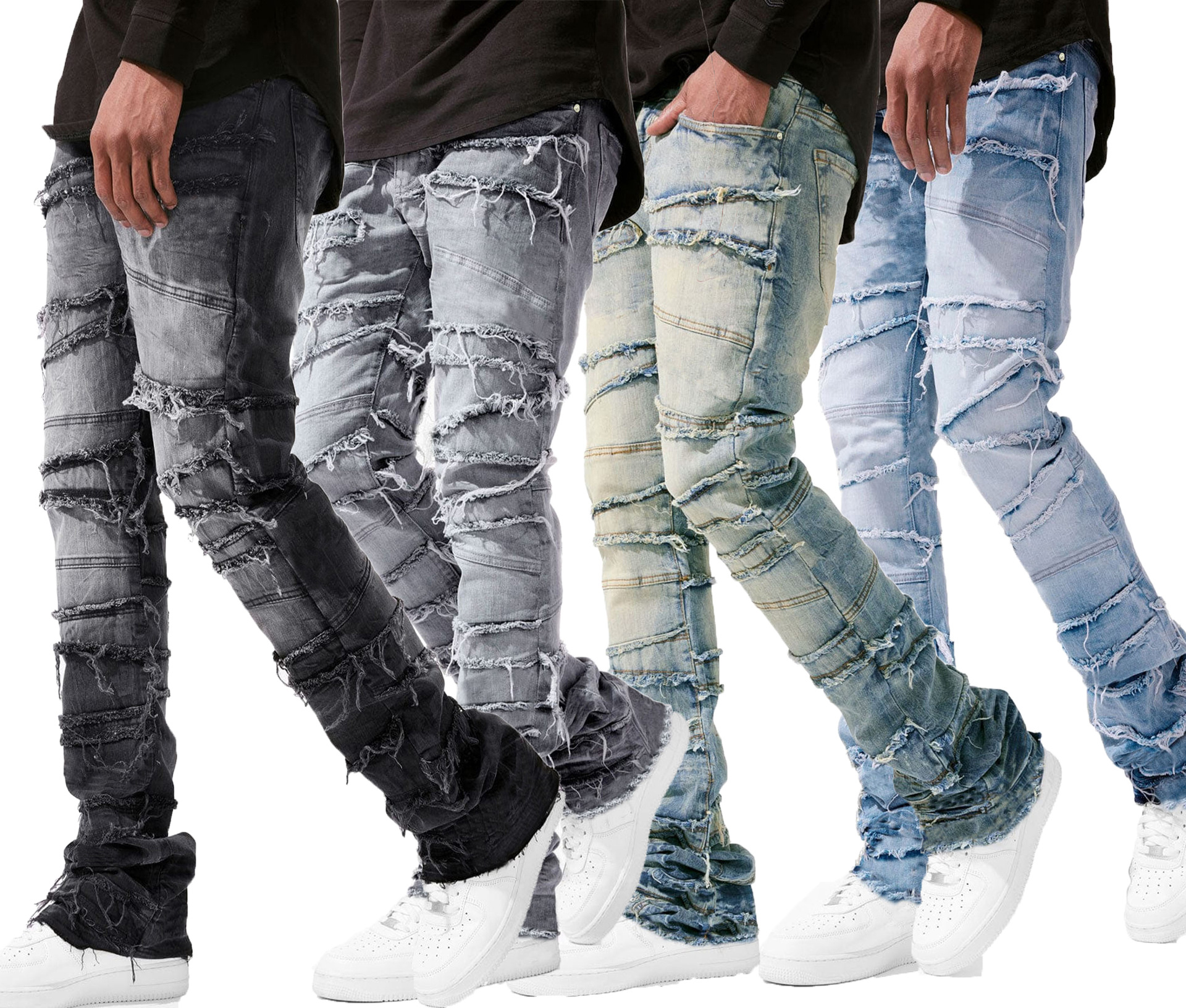 Nouvelle mode jean extensible homme jean empilé taille élastique coupe droite patchwork Denim pantalons longs frange déchiré jean pour hommes