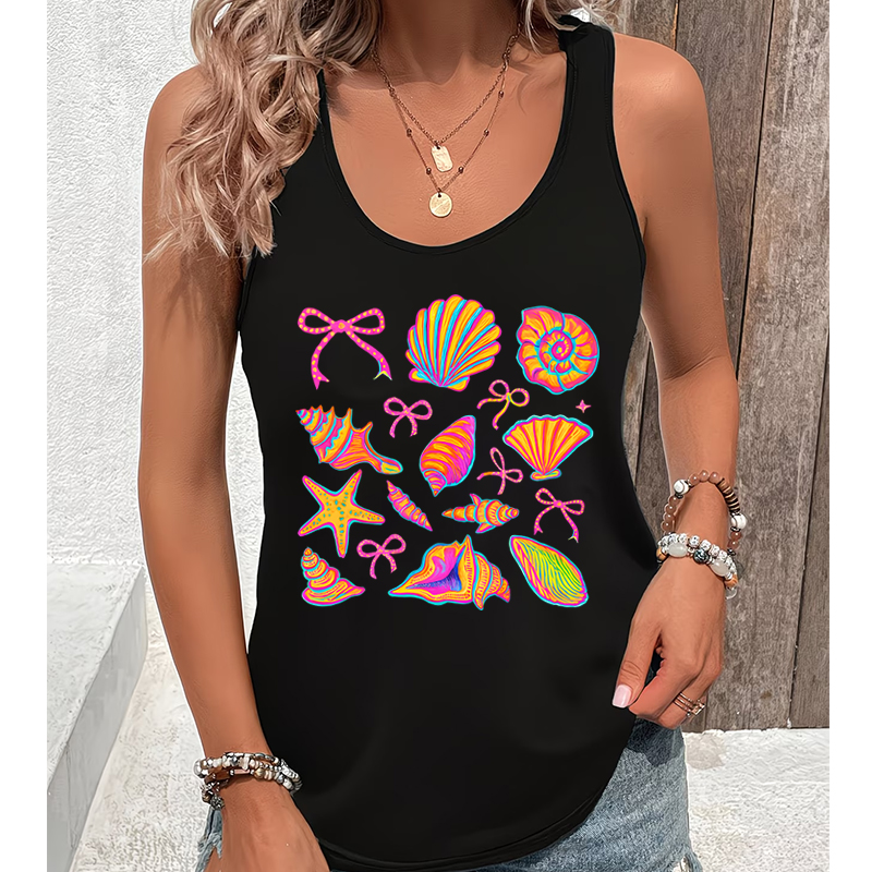 Débardeur Femme Coquette à Motif Coquillage, Style Racerback, pour l'Été et les Voyages en Bord de Mer, Collection Débardeurs & Camisoles