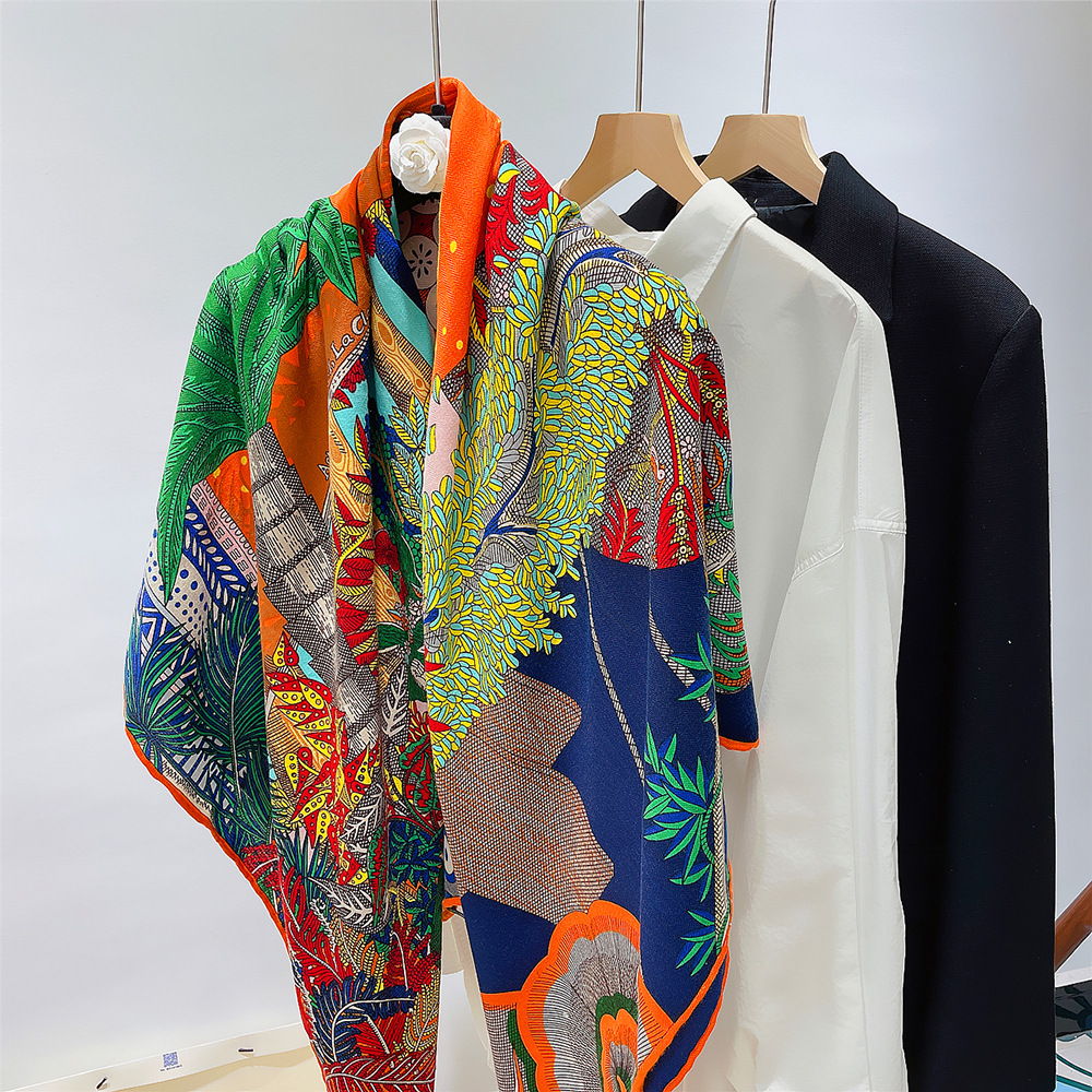 130cm hiver écharpe femmes marque garder au chaud soie cachemire carré écharpe châle luxe Jungle foulards enveloppes Pashmina Hijab Bandana