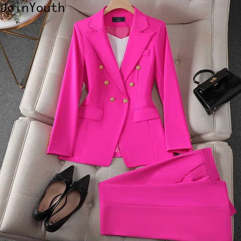 Ensemble élégant 2 pièces pour femmes, vêtements Blazer à Double boutonnage, manteau, taille haute, pantalon droit, costume coréen, tenues de bureau