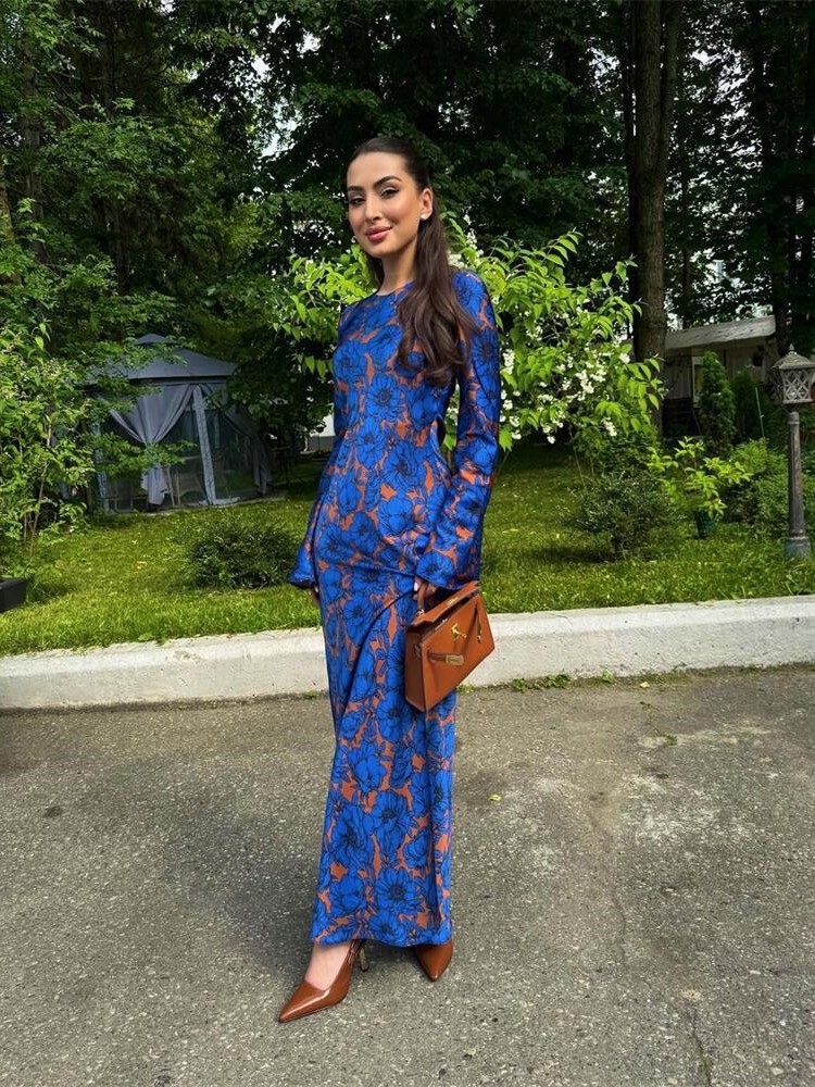 À la mode Vintage imprimé à manches longues col rond robe femmes nouveau 2025 atmosphère élégante robes longues décontracté robes Para Mujer