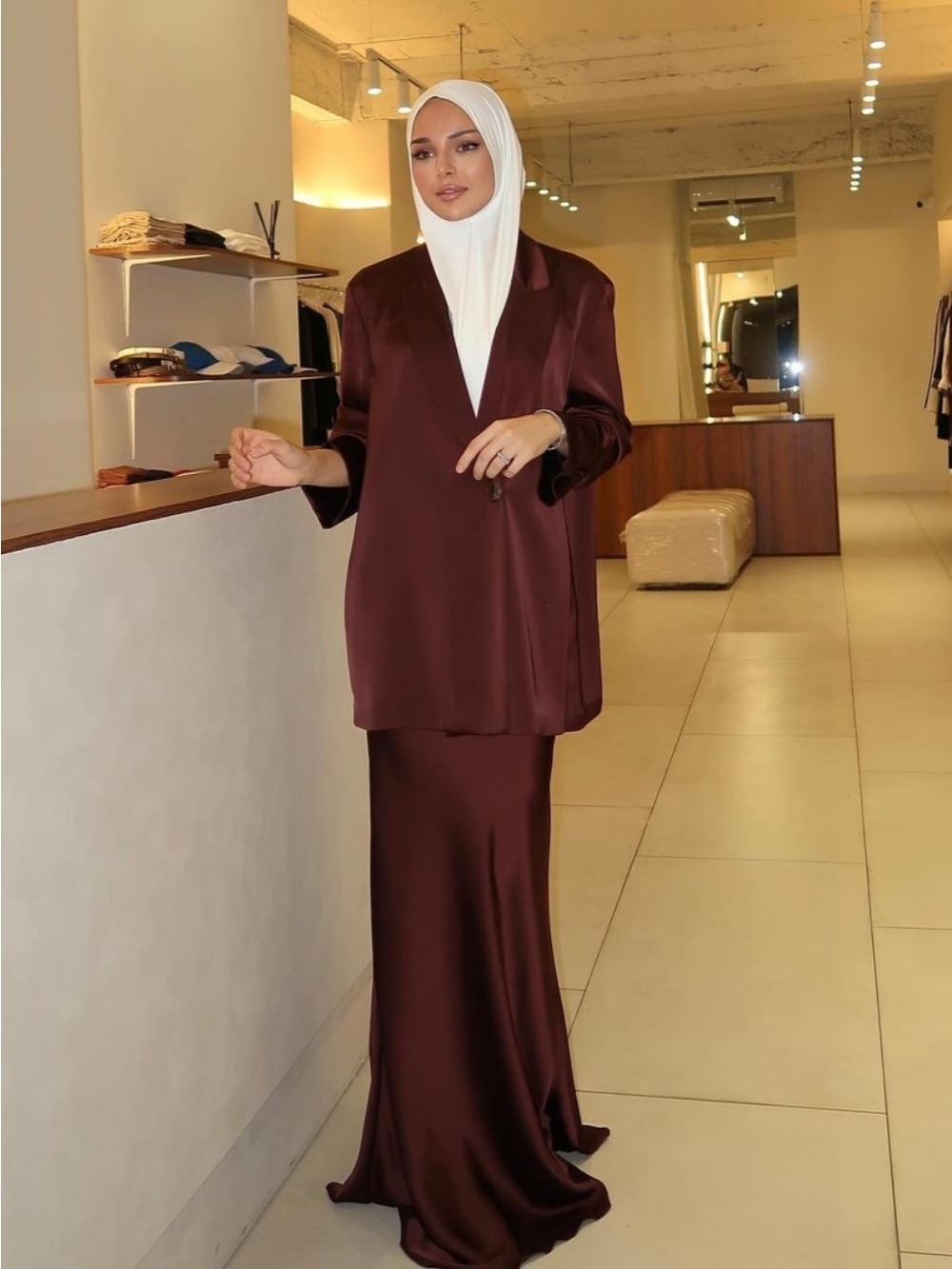 Eid Musulman Ensemble Femmes Satin Top Chemise Jupe 2 Pièces Ensemble Chemisier Solide Manches Longues Chemises Costumes Arabe Dubaï Musulman Ensembles 2025