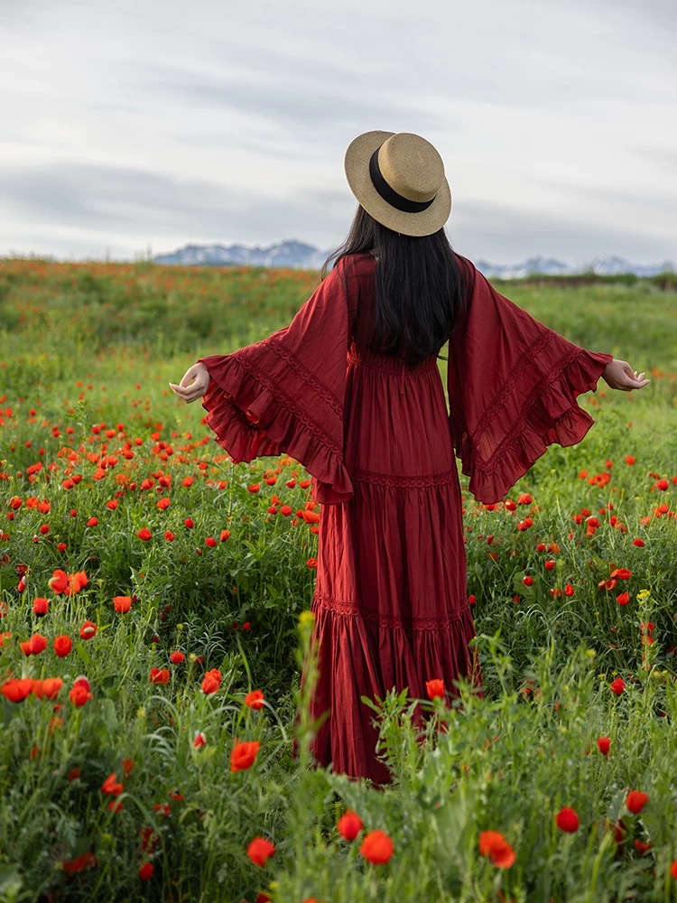 Vintage médiéval Cottagecore robe femme rétro Style français dentelle manches évasées volants longues robes Maxi pour les vacances