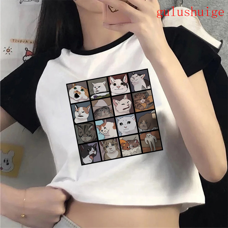 T-shirt crop top pour femme, motif chat amusant, style années 2000, Ulzzang, années 90, gothique