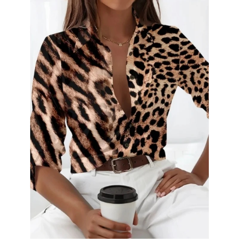 Chemise à manches longues pour femmes, ample et décontractée, motif imprimé léopard, haut personnalisé, style tendance de rue, nouvelle collection 2024