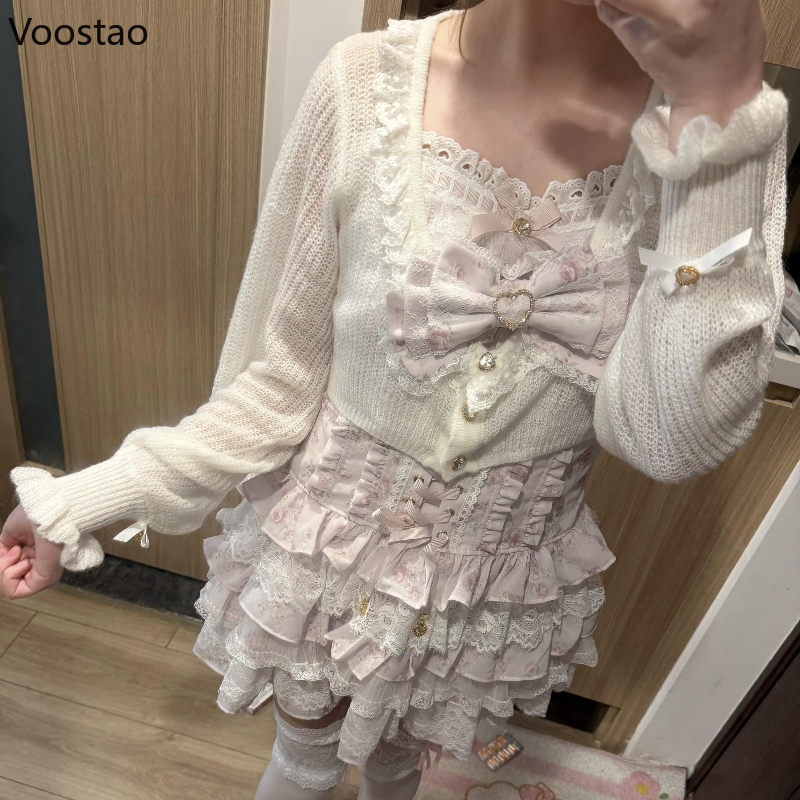 Ensemble 2 pièces Lolita japonaise pour femme, style Kawaii, avec nœud, bandage, dentelle florale, mini-robe et cardigan tricoté, tenues coréennes Y2K pour anniversaire