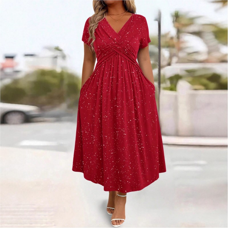 Nouvelle Robe Longue Élégante pour Femme, Col en V, Manches Courtes, avec Poches, pour Soirée Formelle et Mode Estivale