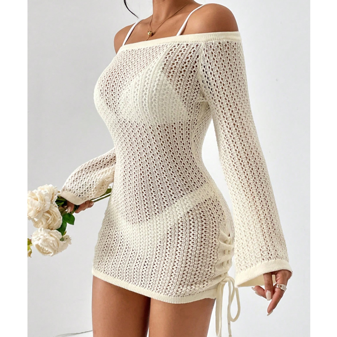 Robe courte ajourée en tricot pour femmes, vêtements de plage, Style à la mode, Cover-Up pour les vacances d'été, robe blouse transparente avec protection solaire