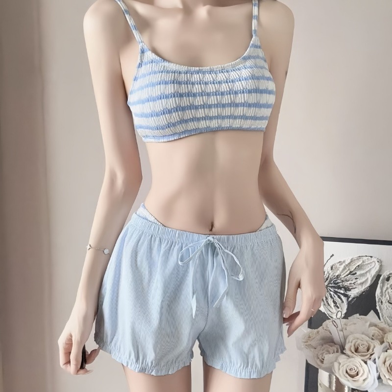 Camisole rayée pour femmes, épaules dénudées, manches longues, couverture en maille, short bleu clair avec cordon de serrage, maillot de bain d'été pour la plage