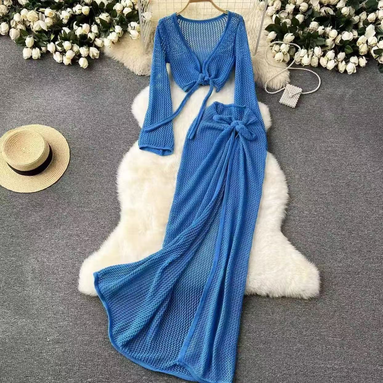 Jupe tricotée transparente à manches longues pour femmes, haut une pièce, vêtements de plage, couverture de bikini de vacances, blouse de protection solaire, bain de soleil