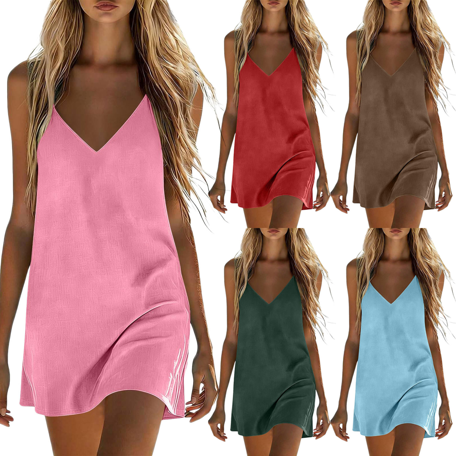 Robes en coton et lin pour femmes, robe d'été sexy à bretelles spaghetti, col en V, mini robe unie décontractée sans manches, robe de plage pour les vacances
