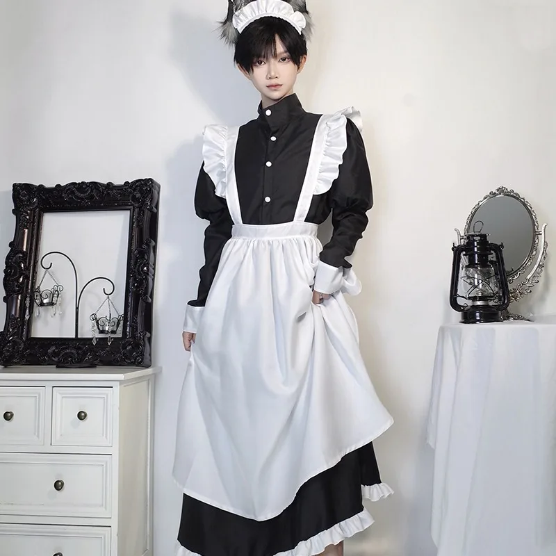 Tenue de demoiselle d'honneur de style japonais, robe longue noire et blanche, Lolita, unisexe, hommes, femmes, costume d'Halloween, uniforme, ensemble complet, adultes, grande taille